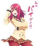  andou_nene hyakko long_hair nanakura_nanane pantyhose pink_legwear plaid red_eyes red_hair school_uniform skirt solo translated 