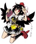  :q black_hair black_wings geta hat looking_at_viewer phone red_eyes riita_iga shameimaru_aya short_hair smile solo tengu-geta thigh_strap tokin_hat tongue tongue_out touhou wings 