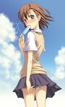  biribiri blush brown_eyes brown_hair eating electricity food looking_back mikamin misaka_mikoto popsicle sexually_suggestive short_hair shorts skirt solo sweater_vest to_aru_kagaku_no_railgun to_aru_majutsu_no_index 