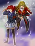  armband bad_id bad_pixiv_id belt black_legwear blue_eyes bow bowtie brown_hair hair_bobbles hair_ornament long_hair mammon multiple_girls necktie pink_neckwear pleated_skirt red_eyes red_hair skirt stakes_of_purgatory thighhighs umineko_no_naku_koro_ni ushiromiya_ange youhei_(testament) yuri 