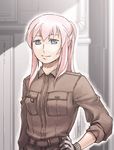  alternate_hairstyle arm_at_side belt blue_eyes breast_pocket breasts closed_mouth gloves half_updo hand_on_hip jacket jumpsuit long_hair looking_at_viewer megurine_luka pink_hair pocket sleeves_rolled_up smile solo uniform upper_body vocaloid watari_taichi 