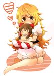  bad_id bad_pixiv_id barefoot blonde_hair bloomers blush brown_hair character_doll detached_sleeves doll doll_hug feet frown hakurei_reimu heart hug kirisame_marisa messy_hair object_hug solo touhou underwear yellow_eyes zawameki |_| 