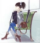  ankle_boots bag bench blue_legwear boots brown_hair document_tube eihi original poncho ponytail profile scarf short_hair shoulder_bag sitting solo thighhighs 