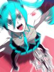  animated animated_gif aqua_eyes aqua_hair crazy_eyes detached_sleeves from_above gimunema hatsune_miku headphones long_hair microphone microphone_stand necktie open_mouth shouting skirt solo thighhighs twintails vocaloid 