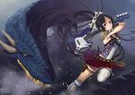  akiyama_mio armor bass_guitar belt black_eyes black_hair bustier chain dragon greaves hair_up instrument k-on! lingerie long_hair panties pantyshot single_thighhigh skirt skull_and_crossbones solo spikes thigh_strap thighhighs torn_clothes underwear white_panties yang_niangniang 