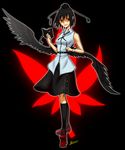  black_hair black_wings geta hat looking_at_viewer md5_mismatch shameimaru_aya short_hair skirt solo suginodai tengu-geta tokin_hat touhou wings 