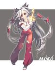  bow fire fujiwara_no_mokou hair_bow hair_ribbon kousou long_hair red_eyes ribbon silver_hair solo suspenders touhou 