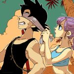  1girl beach bird black_hair blindfold blue_eyes bulma cloud dragon_ball dragon_ball_(classic) dramatica lowres oekaki palm_tree ponytail power_pole purple_hair son_gokuu tree 