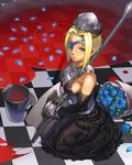  blonde_hair bucket bucket_of_water checkered elbow_gloves eyepatch flower gloves hat highres kneeling kurumayama looking_up original petals polearm purple_eyes rose solo weapon 