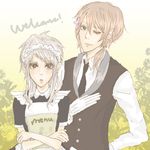  axis_powers_hetalia brown_hair flower formal genderswap green_eyes hungary_(hetalia) maid necktie prussia_(hetalia) purple_eyes short_hair smile suit tie white_hair wink 