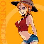  bad_id bad_pixiv_id brown_eyes copyright_name cosplay dramatica hat lowres midriff monkey_d_luffy monkey_d_luffy_(cosplay) nami_(one_piece) navel one_piece orange_background orange_hair shorts smile solo straw_hat 