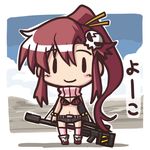  anti-materiel_rifle belt bikini_top boots chibi gun hair_ornament ikkyuu long_hair midriff pink_legwear ponytail red_hair rifle scarf shorts sniper_rifle solo tengen_toppa_gurren_lagann thighhighs weapon yoko_littner |_| 