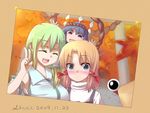  3girls ^_^ bad_id bad_pixiv_id blonde_hair blue_eyes blush closed_eyes gradient_hair green_hair hair_ornament ibuki_notsu kochiya_sanae leaf long_hair moriya_suwako multicolored_hair multiple_girls no_hat no_headwear open_mouth photo_(object) purple_hair pyonta red_eyes salute short_hair smile tears touhou two-finger_salute v yasaka_kanako 