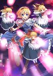  alice_margatroid apron blonde_hair blue_eyes boots bow capelet cross-laced_footwear doll frills glowing hair_bow hairband kimitoshiin lace-up_boots loafers long_hair magic_circle open_mouth outstretched_arms outstretched_hand shanghai_doll shoes short_hair smile solo touhou waist_apron 