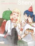  2girls bad_id bad_pixiv_id birthday blonde_hair blue_hair blush bracelet cake casual cheek_kiss closed_eyes food green_hair happy_birthday hat highres hug jewelry kiss kurage long_hair macross macross_frontier multiple_girls necklace open_mouth pantyhose pastry ponytail ranka_lee saotome_alto sheryl_nome short_hair smile surprised v 