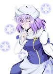  breasts finger_to_mouth fuoco hat large_breasts letty_whiterock one_eye_closed purple_eyes purple_hair short_hair snowflakes solo touhou 