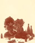  barefoot bottle brown chibi drunk hat inubashiri_momiji monochrome multiple_girls sankuma shameimaru_aya sketch touhou yellow_background 