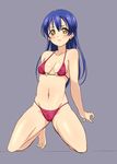  barefoot bikini blue_hair breasts covered_nipples kneeling long_hair love_live! love_live!_school_idol_project navel purple_background simple_background small_breasts solo sonoda_umi swimsuit turkey_min yellow_eyes 