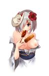  akiryou breasts commentary_request corn eating flower fox_mask hair_flower hair_ornament hair_over_one_eye hamakaze_(kantai_collection) hibiscus ikayaki japanese_clothes kantai_collection kimono mask nipples open_clothes solo squid yakitoumorokoshi yukata 