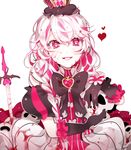  bad_id bad_pixiv_id bow bowtie crown grin heart looking_at_viewer original pink_hair piyo_(ppotatto) red_eyes simple_background skull-shaped_pupils smile solo symbol-shaped_pupils white_background 