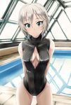  anastasia_(idolmaster) arms_behind_back black_swimsuit blue_eyes blush breasts commentary_request front_zipper_swimsuit idolmaster idolmaster_cinderella_girls inoshira looking_at_viewer medium_breasts meme_attire one-piece_swimsuit rei_no_pool short_hair silver_hair smile solo swimsuit 