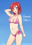 :d arm_behind_back bikini blue_background blush breasts cameltoe covered_nipples highres looking_at_viewer love_live! love_live!_school_idol_project medium_breasts navel nishikino_maki open_mouth purple_bikini purple_eyes red_hair short_hair simple_background smile solo standing swimsuit turkey_min 