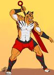  2015 abs bulge chest_tuft claws clothed clothing fangs feline fur half-dressed male mammal manly melee_weapon pecs sabertooth_(disambiguation) shade_the_wolf stripes sword tiger topless tuft warrior weapon white_fur 