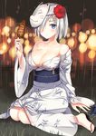  blue_eyes blush breasts cleavage flower grass hair_flower hair_ornament hair_over_one_eye hamakaze_(kantai_collection) ikayaki japanese_clothes kantai_collection kimono large_breasts mask off_shoulder sandals sash short_hair silver_hair sitting solo sousouman squid wariza yukata 