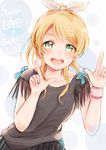  :d ayase_eli black_shirt blonde_hair blue_bow blue_eyes blush bow bracelet finger_gun fringe_trim hair_bow highres jewelry looking_at_viewer love_live! love_live!_school_idol_project open_mouth pointing pointing_up ponytail shirt smile solo suito sweat upper_body 