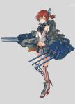  1girl american_flag_legwear bare_shoulders battleship breasts cannon character_name elbow_gloves fingerless_gloves full_body gloves green_eyes grey_background hair_ornament high_heels highres kantai_collection kuroinu9 machinery mecha_musume military military_vehicle miniskirt mismatched_legwear navel one_side_up original personification red_footwear red_hair rudder_footwear ship short_hair simple_background skirt small_breasts solo standing striped striped_legwear thighhighs turret uss_alabama_(bb-60) vertical_stripes warship watercraft wrist_cuffs 