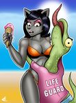  2011 anthro beach black_eyes black_fur black_hair blue_eyes breasts canine cat clothed clothing curtsibling dessert digital_media_(artwork) duo eyebrow eyelashes feline food fur green_skin hair ice_cream lifeguard lizard make-up mammal mcreptile nails pants parody reptile scalie seaside teeth tongue tongue_out watermark white_sclera wolf yellow_sclera 