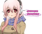  blush breasts character_name commentary_request delpico headphones large_breasts long_hair looking_at_viewer nitroplus pink_eyes pink_hair scarf smile solo super_sonico 