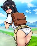  1girl asortofcolorfag ass backpack bag bags_under_eyes black_hair blouse blush city colorized donburikazoku embarrassed green_eyes kuroki_tomoko long_hair looking_back open_mouth outdoors panties pleated_skirt school_uniform short_sleeves skirt sky solo thighs tongue underwear upskirt watashi_ga_motenai_no_wa_dou_kangaetemo_omaera_ga_warui! wavy_mouth white_blouse white_panties 