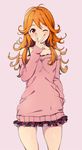  ahoge alp antenna_hair bare_shoulders blush bra_strap commentary_request hand_in_pocket long_hair looking_at_viewer off_shoulder one_eye_closed orange_hair red_eyes skirt smile solo sweater tokyo_7th_sisters usuta_sumire v 