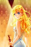  blonde_hair blue_eyes bow_(instrument) copyright_name dated diezi flower hair_flower hair_ornament hairclip highres instrument light_particles lights long_hair looking_at_viewer miyazono_kawori shigatsu_wa_kimi_no_uso smile solo sweat violin 