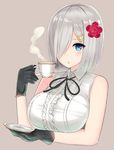  :o alternate_costume bare_shoulders black_gloves blue_eyes breasts cup drinking flower gloves hair_flower hair_ornament hair_over_one_eye hairclip hamakaze_(kantai_collection) highres kantai_collection large_breasts meme_attire mizukoshi_(marumi) open_mouth short_hair silver_hair simple_background solo steam teacup virgin_killer_outfit 