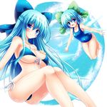  :d alternate_breast_size aqua_hair bikini blue_bikini blue_bow blue_eyes blue_hair blue_swimsuit blush bow breasts cirno cleavage collarbone dual_persona flying front-tie_bikini front-tie_top green_bow hair_bow hand_on_own_chest ice ice_wings large_breasts long_hair looking_at_viewer micro_bikini multiple_girls older one-piece_swimsuit open_mouth osashin_(osada) short_hair side-tie_bikini sitting smile strap_gap swimsuit touhou underboob very_long_hair wings 