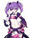  :q aisha_(elsword) angkor_(elsword) bad_id bad_pixiv_id bandeau cowboy_shot creature detached_sleeves elsword flat_chest hand_on_hip harin_0 korean midriff miniskirt navel purple_eyes purple_hair purple_skirt purple_sleeves short_hair skirt tongue tongue_out twintails void_princess_(elsword) white_background 