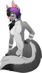  black_hair canine ear_piercing featureless_breasts featureless_crotch female fox fur gr0ssking grey_fur hair mammal multicolored_hair navel nitina nude open_mouth piercing purple_hair solo standing stitches two_tone_hair 