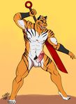  2015 abs anthro balls bue_eyes chest_tuft claws fangs feline fur male mammal manly melee_weapon muscular nude pecs penis pubes sabertooth_(disambiguation) shade_the_wolf solo stripes sword tiger tuft warrior weapon white_fur 