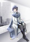  black_footwear blue_eyes blue_hair boots caffein coat gloves hands_on_lap headset highres kaito kaito_(vocaloid3) knee_boots looking_to_the_side male_focus rain scarf sitting solo vocaloid white_gloves window 