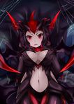  black_gloves breasts elbow_gloves elise_(league_of_legends) fang female gloves gradient gradient_background league_of_legends looking_at_viewer midriff navel open_mouth pink_eyes solo spider_web zhainan_s-jun 