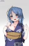  bad_id bad_twitter_id bare_shoulders blue_hair blush fox_mask highres inactive_account japanese_clothes kantai_collection kimono long_hair mask mitsudoue solo urakaze_(kantai_collection) yukata 