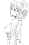  arms_at_sides breasts flower from_side greyscale hair_flower hair_ornament hair_over_one_eye hairclip hamakaze_(kantai_collection) highres japanese_clothes kantai_collection kimono large_breasts maa_(roninnn) monochrome obi profile sash short_hair simple_background sketch solo upper_body white_background 