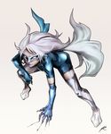  claws closed_mouth elbow_gloves female gloves gradient gradient_background long_hair marvel phantom_ix_row purple_lips smile solo tail thighhighs white_background white_fox white_hair white_legwear 
