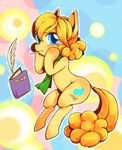 abstract_background blonde_hair blue_eyes book candy cute english_text equine eyelashes fan_character feathers female food fur hair horse kiriya lollipop looking_at_viewer loose_feather mammal my_little_pony pony quill scarf solo text yellow_fur 