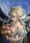  bead_bracelet bead_necklace beads bird bishoujo_senshi_sailor_moon blonde_hair blurry bouquet bracelet breasts cleavage closed_eyes depth_of_field double_bun dove dress earrings flower hair_flower hair_ornament jewelry long_hair medium_breasts moon necklace princess_serenity solo source_request strapless strapless_dress tsukino_usagi twintails very_long_hair yinse_qi_ji 