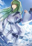  blue_sky bodysuit breasts c.c. cloud code_geass covered_navel cowboy_shot day dutch_angle green_hair kyouya_(mukuro238) long_hair looking_at_viewer medium_breasts outdoors parted_lips sky solo straitjacket wading white_bodysuit yellow_eyes 