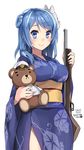  2015 admiral_(kantai_collection) blue_eyes blue_hair blush breasts character_doll covered_nipples dated double_bun fox_mask gun hat highres holding holding_gun holding_weapon japanese_clothes kantai_collection kimono kuro_chairo_no_neko large_breasts lips long_hair looking_at_viewer mask mask_on_head obi paw_print peaked_cap sash simple_background smile solo stuffed_animal stuffed_toy teddy_bear twitter_username urakaze_(kantai_collection) weapon white_background 