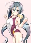  &gt;:) 8000 clenched_hands competition_swimsuit grey_eyes grey_hair kantai_collection kiyoshimo_(kantai_collection) long_hair one-piece_swimsuit smile solo standing swimsuit twintails twitter_username v-shaped_eyebrows 